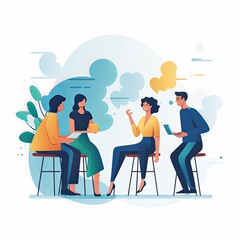 flat vector style illustration, a diverse group of people talking and collaborating, on white background 