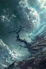 Wall Mural - fantastical tree with sprawling branches under a gigantic moon, illustrating mystical and otherworldly landscape. An epic landscape under a cosmic sky, with a lone tree reaching towards a massive moon