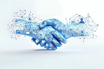 Poster - 3d low poly illustration of handshake with network around it on white background, blue color scheme 
