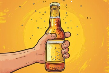 An illustrated close-up of a hand holding a fizzy, refreshing soda bottle against a vibrant yellow backdrop