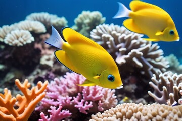Wall Mural - Colorful tropical fish on the background of a coral reef.