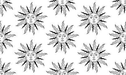 Wall Mural - seamless sun pattern. graphic arts. the sun with a human face. black and white pattern. magic orname