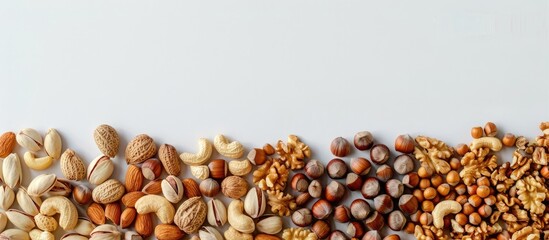 Assortment of nuts displayed against a white backdrop