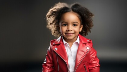 fashionable and stylish little cute baby african american girl in red leather jacket isolated on clean black background