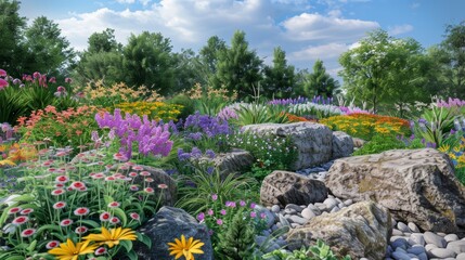 Paradise garden filled with diverse flowers and a rockery in royal botanical gardens, photo-realistic view