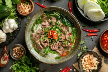 Wall Mural - Vietnamese style Pho with beef rice noodles and vegetables garnished with cabbage and chili slices top view