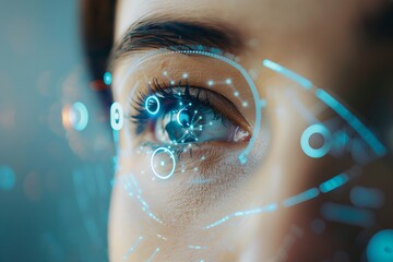 Poster - Close-up of eye with digital futuristic interface overlay. Artificial intelligence concept. Futuristic technology and innovation. Face recognition system. High tech implant in human eye. Poster design