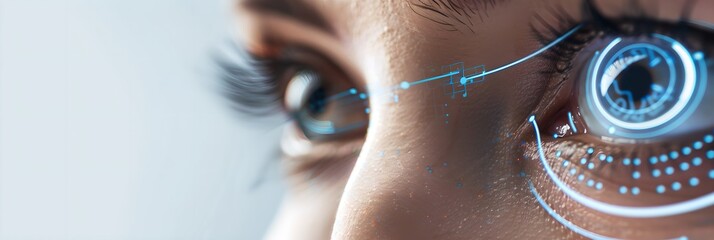 Poster - Close-up of female eye with digital futuristic interface overlay. Artificial intelligence. Futuristic technology and innovation. Face recognition system. High tech implant. Banner with copy space