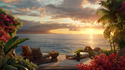 Wall Mural - A beautiful view from the terrace of an expensive house overlooking the ocean in Hawaii