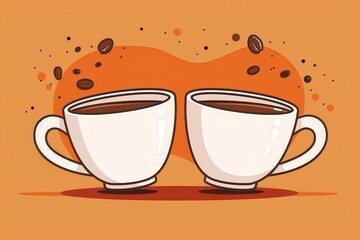 Illustration of two white coffee cups with a dynamic coffee splash effect on an orange background