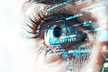 Poster - Close-up of female eye with digital futuristic interface overlay. Artificial intelligence concept. Futuristic technology and innovation. Face recognition system. High tech implant in the human eye