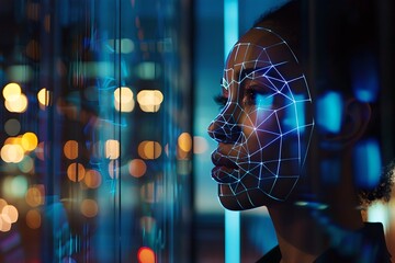 Poster - African american woman with digital biometric scan grid in the office. Face detection and facial recognition. Face ID and artificial intelligence concept. High tech security system. 