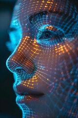 Poster - Close-up woman portrait with digital biometric grid. Face detection and facial recognition. Face ID and artificial intelligence concept. High tech security system. Studio portrait 