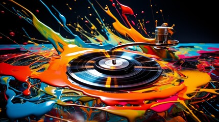 Wall Mural - Abstract illustration of a vinyl record in an explosion of colorful paint on a black background