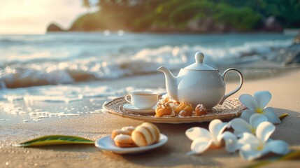 Wall Mural - A tea pot and cups on a tray next to some pastries, AI