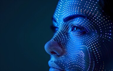 Poster - Close-up woman portrait with digital biometric grid. Face detection and facial recognition. Face ID and artificial intelligence concept. High tech security system. Studio portrait with copy space