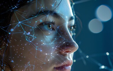 Poster - Close-up woman portrait with digital biometric grid. Face detection and facial recognition. Face ID and artificial intelligence concept. High tech security system. Studio portrait 