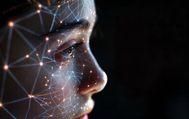 Poster - Close-up woman portrait with digital biometric grid. Face detection and facial recognition. Face ID and artificial intelligence concept. High tech security system. Studio portrait with copy space