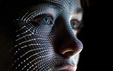 Poster - Close-up woman portrait with digital biometric scanning grid. Face detection and facial recognition. Face ID and artificial intelligence concept. High tech security system. Studio portrait