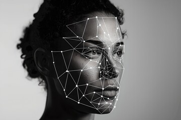 Poster - African american woman with digital biometric grid. Face detection and facial recognition. Face ID and artificial intelligence concept. Security system. Studio portrait. Monochrome conceptual shot