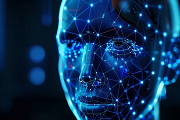 Poster - Face with digital network wireframe. Artificial intelligence concept. Futuristic technology and innovation. Low poly data grid design. Face recognition system