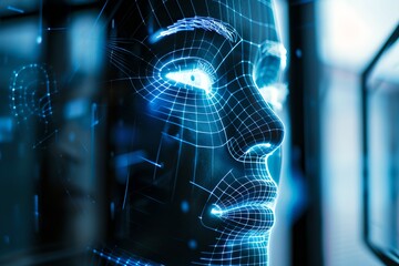 Poster - Face with digital network wireframe. Artificial intelligence concept. Futuristic technology and innovation. Data grid design. Face recognition system