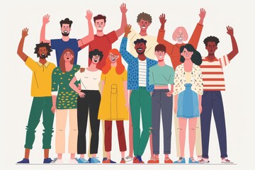 Wall Mural - This colorful illustration features a diverse group of cartoon individuals posing together, symbolizing unity and diversity
