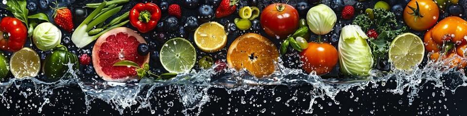 Panoramic wide black background with assortment of fresh vegetables, fruits and water splashes. High resolution collage