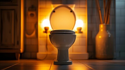 Poster - A toilet with light shining on it in a bathroom, AI