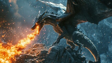 Wall Mural - angry evil dragon with red eyes spitting fire flames.
