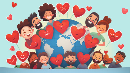 Global Unity: Diverse Group Celebrating World Blood Donor Day with Cheerful Hearts Around Giant Globe - Vibrant Cartoon Illustration - Generative AI