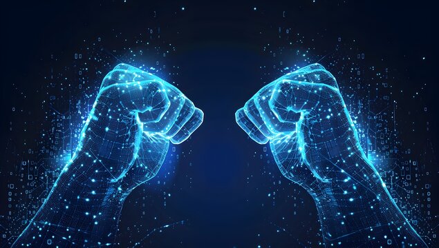Two glowing blue fists made of digital data particles, symbolizing the power and strength in AI technology

