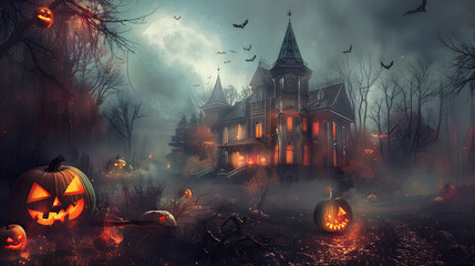 Beautiful festive background for Halloween with pumpkins and fog. AI Generated