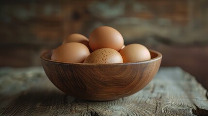 Wall Mural - Eggs of chickens presented in a wooden bowl on a vintage oak surface