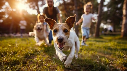 Wall Mural - Dog and child play on lawn in outdoor park