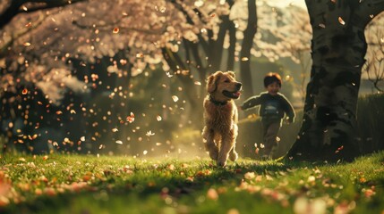 Wall Mural - Dog play in outdoor park with kids in Spring with flowers