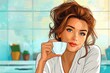 © Design Depot - Charming illustrated woman sipping coffee with an urban skyline background