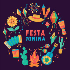 Wall Mural - Festa Junina celebration. Brazil June Festival Design. Folklore Holiday. Guitar, Accordion, Cactus, Sunflower, Campfire on dark background. Banner, Card, Poster. Festa de Sao Joao Vector illustration