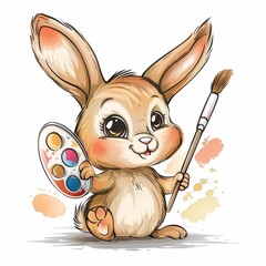 Wall Mural - Flat vector of cartoon character of happy rabbit with painting brush and color palette