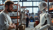 © ihalilyp - Lose your job to robots, robots work in factory and man watch him with upset face