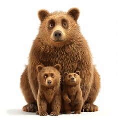Wall Mural - Bear with cub. 3D rendering cute animal isolated over white background.