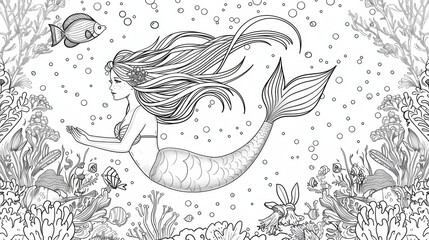 Wall Mural - Coloring page design. Vector illustration of a beautiful mermaid.