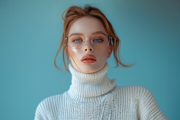 Wall Mural - Elegant woman with clear frame glasses, blue background, stylish portrait, modern eyewear, chic look, ideal for fashion editorials or advertisements