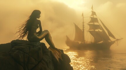 Wall Mural - Beautiful mysterious mermaid sitting on a rock in sea at sunrise with a vintage sailing ship.