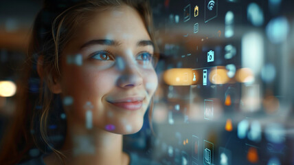 Wall Mural - Close up of a young Caucasian woman using a translucent augmented reality display with light blue icons an information overlaying her face.