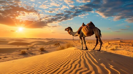 camel in sand dunes of thar desert on sunset