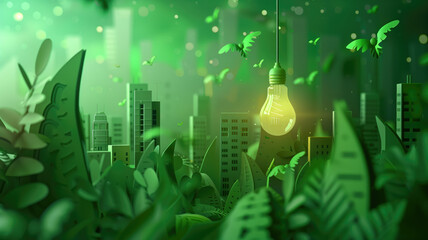 Paper cut of light bulb with green eco city , Renewable energy by 2050 Carbon neutral energy or greenhouse gas emission CO2 , Save energy creative idea concept , Generative Ai 
