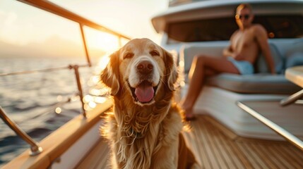 Wall Mural - Dog and family on deck of a luxury yacht enjoy beautiful sea view.