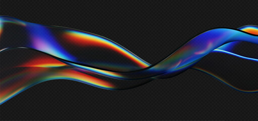 Wall Mural - 3d crystal glass liquid wave with refraction and holographic effect isolated on dark background. ren