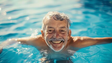 Wall Mural - Portrait of a smiling senior male in water in pool
